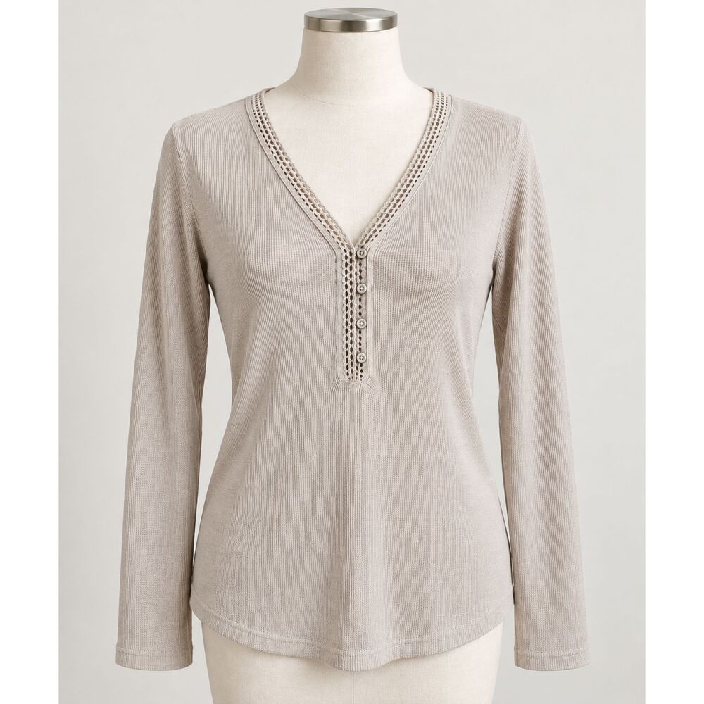 Eddie Bauer Beige Waffle Knit Henley Top Large Crochet Trim Long Sleeve 156